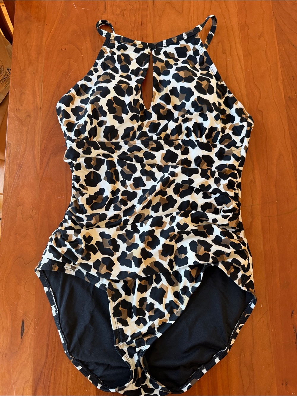 Ellen Tracy Leopard Print One-Piece Swimsuit in Black, Brown Cream combination